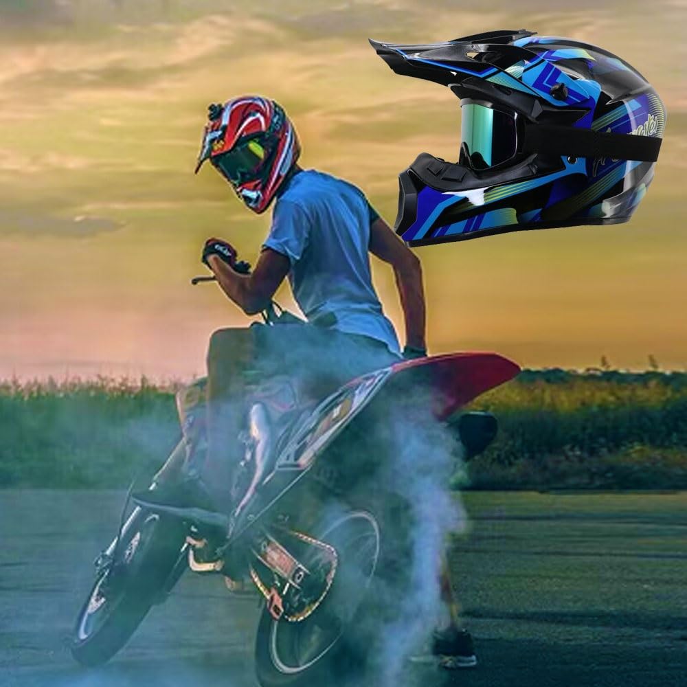 Casco Integrale da Motocross Omologato DOT - Kit Completo Casco ATV per Adulti E Bambini con Occhiali, Guanti, Maschera, Visiera Regolabile, Sgancio Rapido