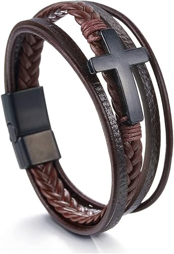 Caiyao Pulsera de cuero con cruz de moda, regalos religiosos cruzados de aleación para hombres joyería