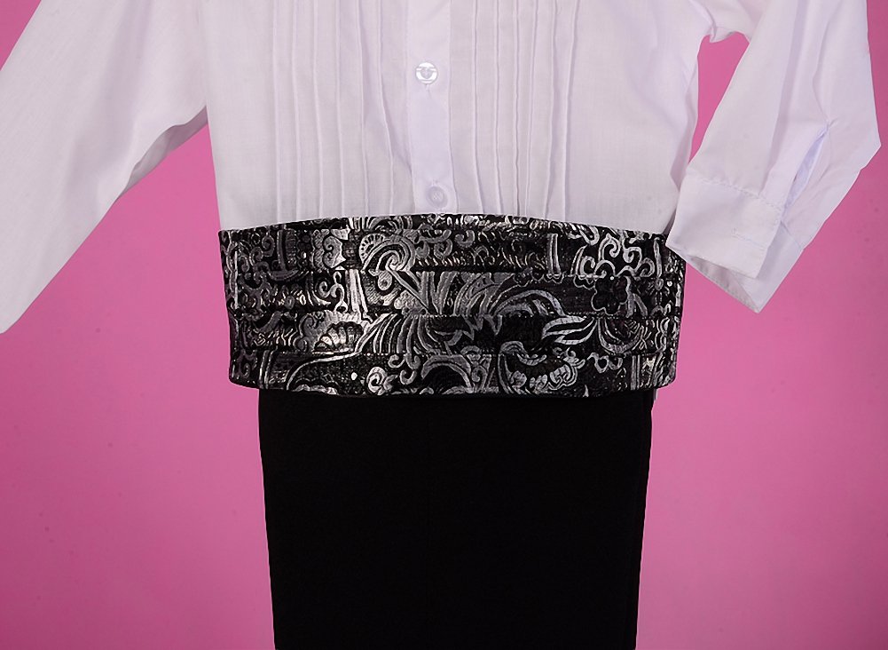 Lito Angels Ensemble 5 Pieces Smoking pour Bebe Garcon, Costume de Mariage Ceremonie Bapteme avec Cummerbund et Noeud Papillon Jacquard Argent, Noir/Blanc