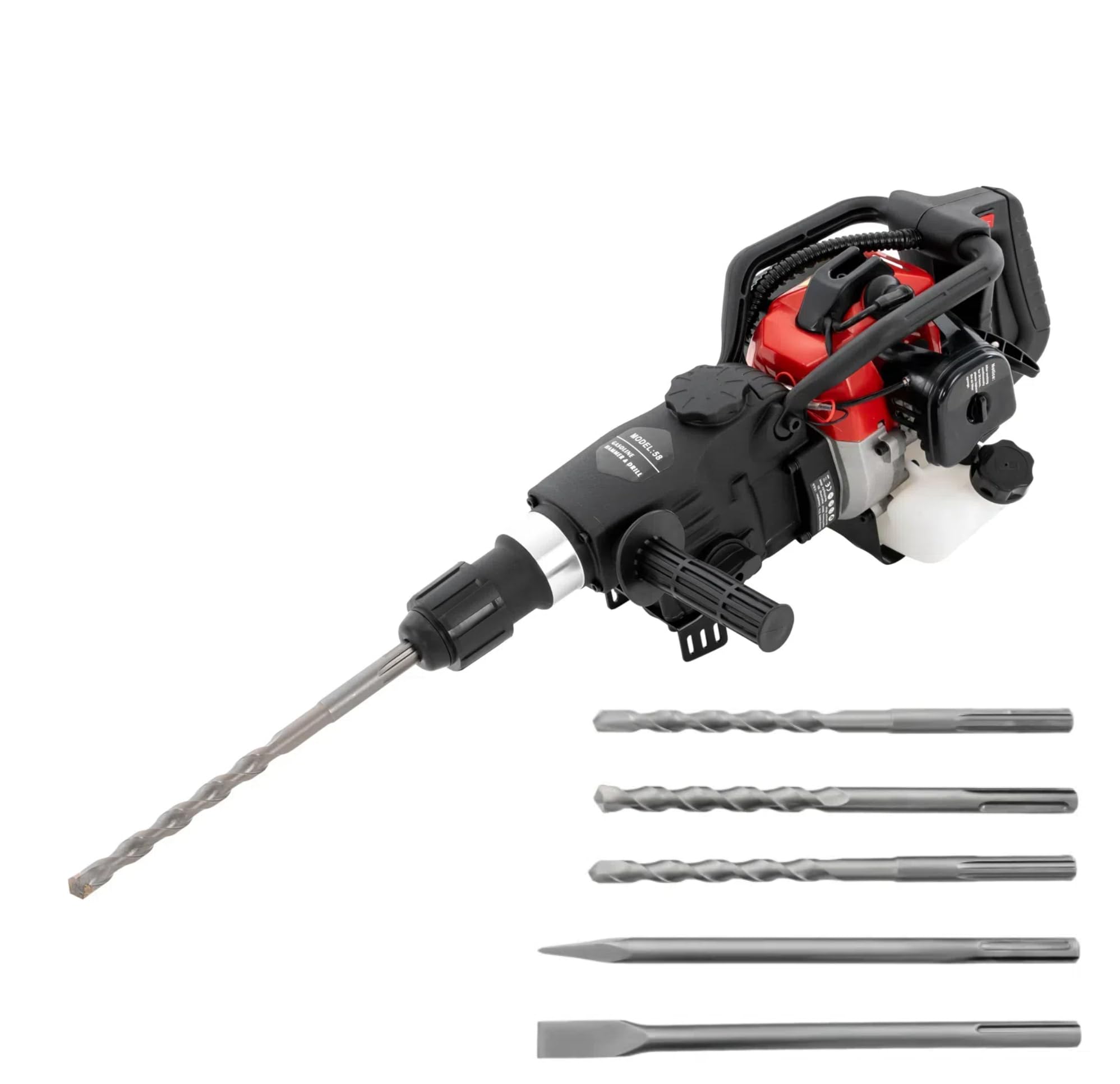 Romyix Black Gasoline Demolition Jackhammer Jack Hammer Concrete Drill Breaker Kit, 2-Stroke Engine,Hand Pull Start, Includes Pointed And Flat Chisel,