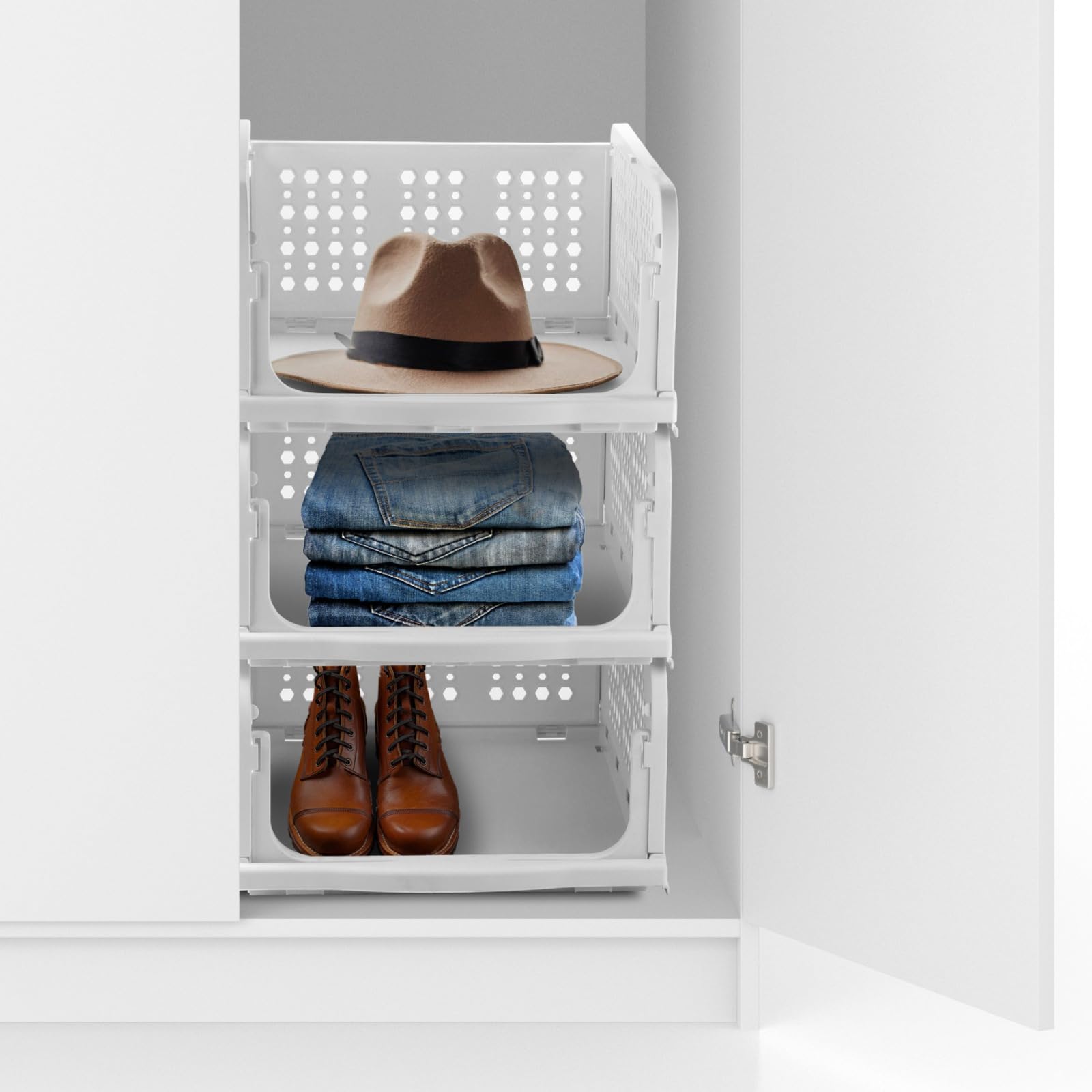 Nayasa Cupboard Stacker | Set of 3 | Foldable & Stackable Closet Organizer | Clothes Organiser for Wardrobe | Storage Rack | 43 X 34 X 54.5 cm | White-image-27