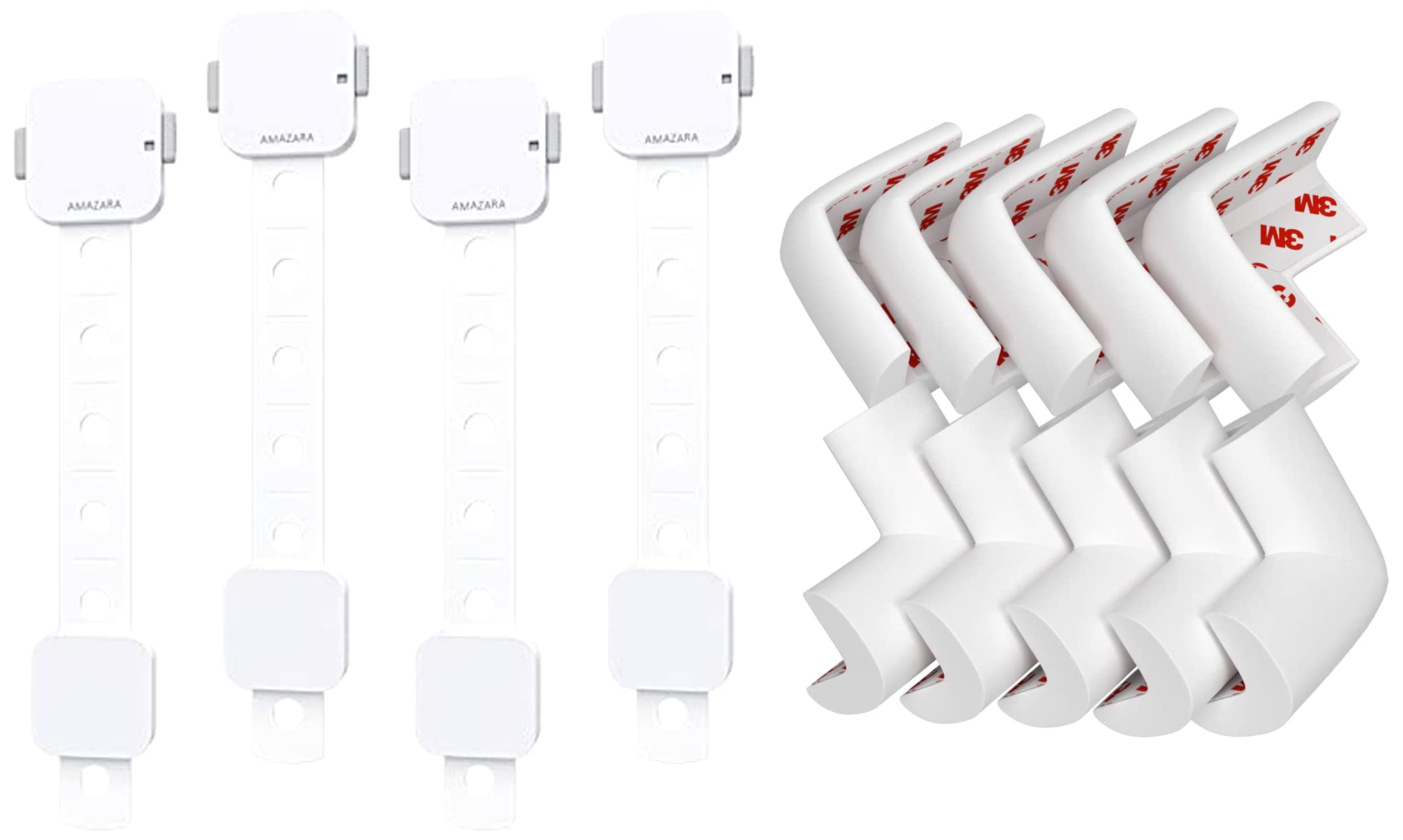 AMAZARA Child Safety Locks - Baby Proofing Locks, Pack of 4, White Color & AMAZARA Baby Proofing Corner Guards, 10 Pieces White