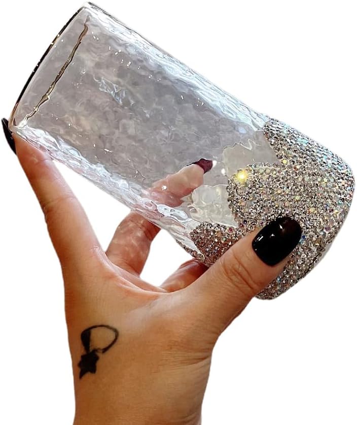 Luxury Bling Elegant Gold Trimmed Glass Cup Sparkling Water Cup 300ml Lead-Free Transparent Tea and Juice Glass Cup (Silver)