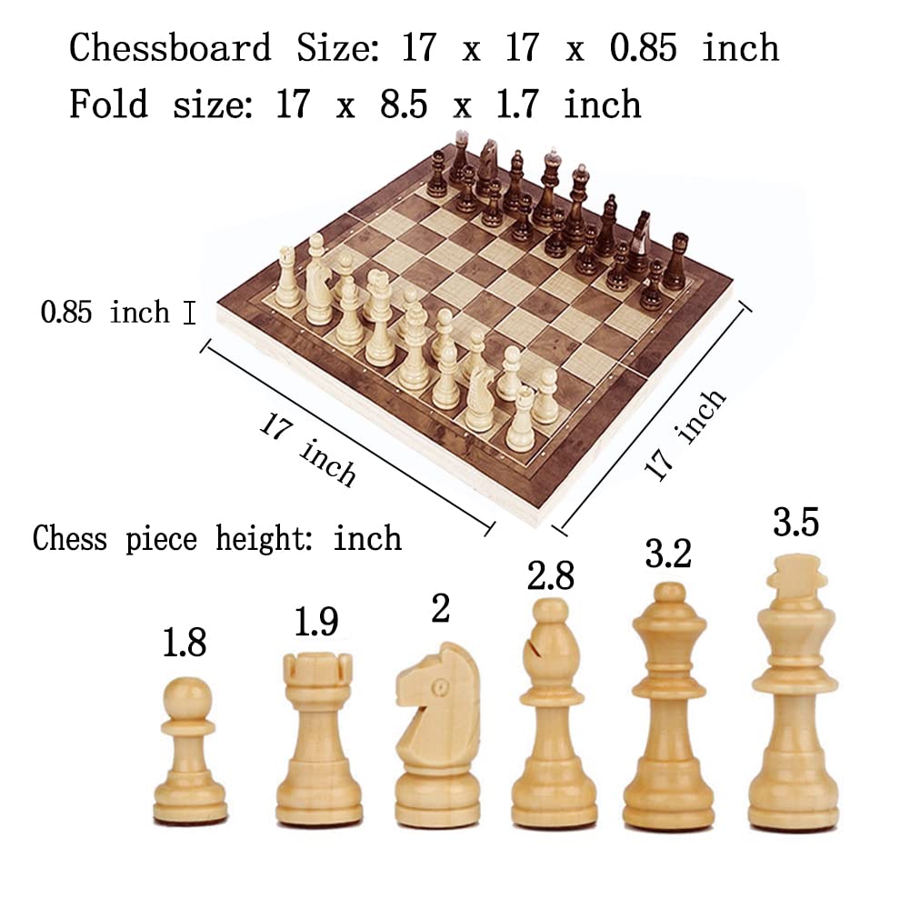 Juego de ajedrez, juego de tablero de ajedrez de madera de almacenamiento plegable, ajedrez de madera de 17 pulgadas, juego de mesa de ajedrez 3 en 1 para adultos y niños (ajedrez, backgammon, damas) 3