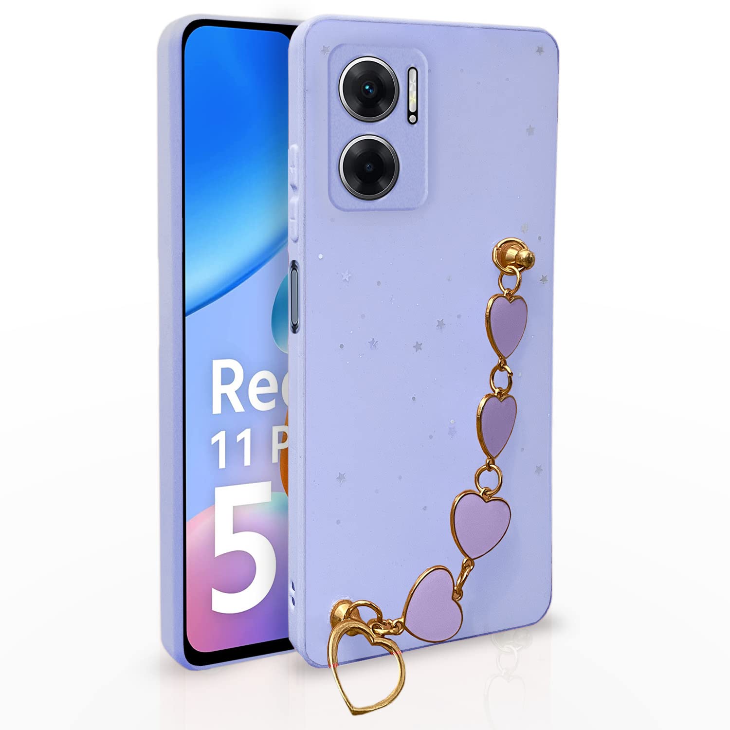 Pikkme Mi Redmi 11 Prime 5G Back Cover for Girls | Heart Shaped Metal Chain Blocks | Sparkling Soft TPU | Case for Mi Redmi 11 Prime 5G (Purple)
