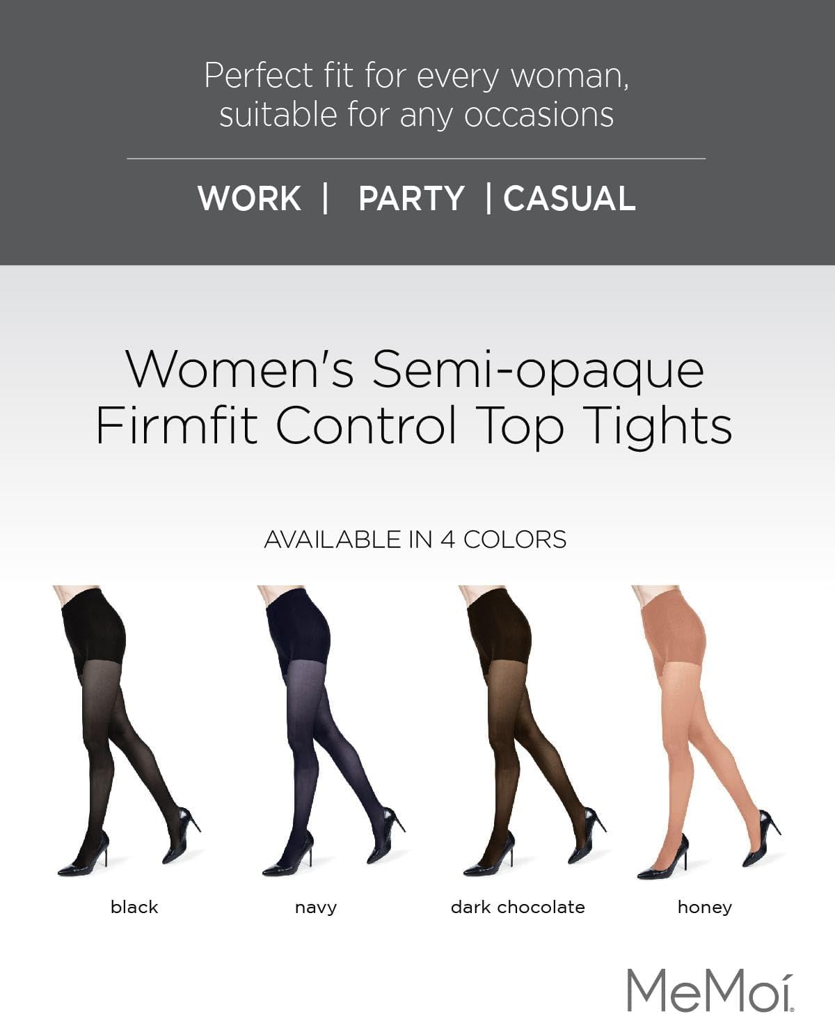 MeMoi Semi-Opaque Tights, Comfortable and Lightweight Control Top Tights, 40 Deneir - Sizes Small to Q2 - Image 2