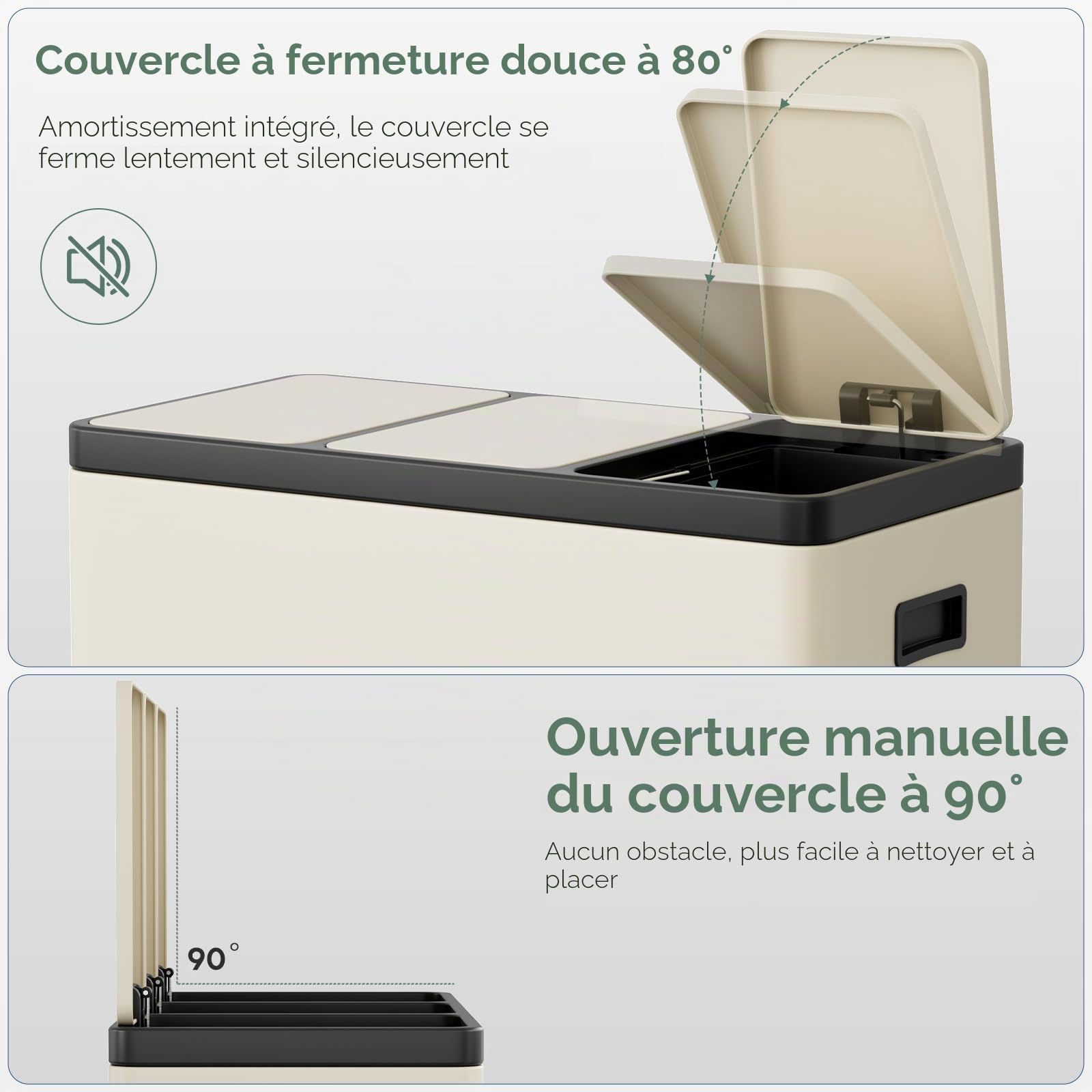 Clevich Système de tri sélectif 3 x 15 l en acier, poubelle à 3 compartiments avec pédales à code couleur, poubelle avec couvercles à fermeture douce et seaux intérieurs, beige