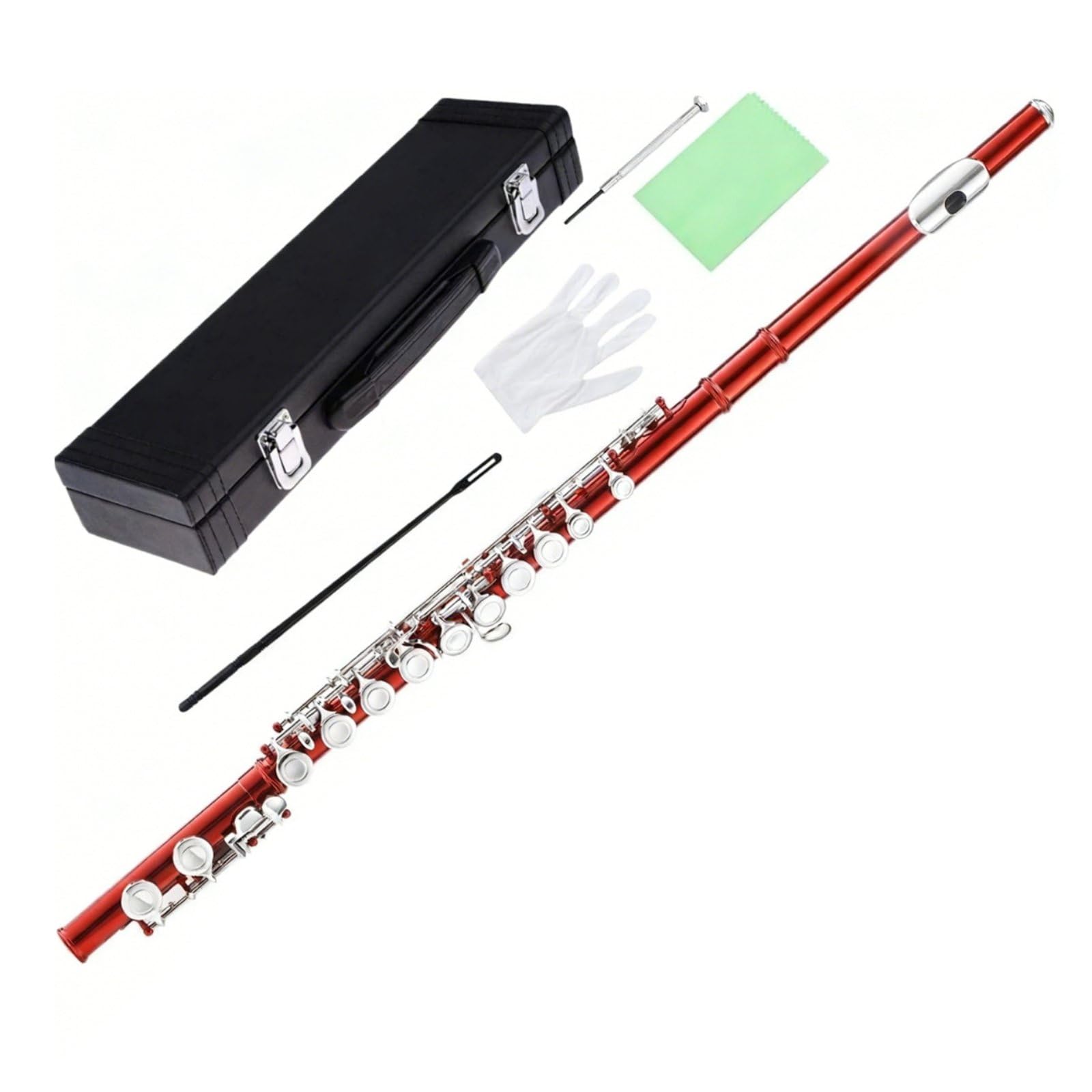 Flauto Traverso Placcato per Principianti 16 Tasti C Foro Imboccatura Angolato Meccanismo Offset Cupronickel Robusto Cuscinetti Pelle Adatto a Studenti Musica Concerto Banda, Rosso