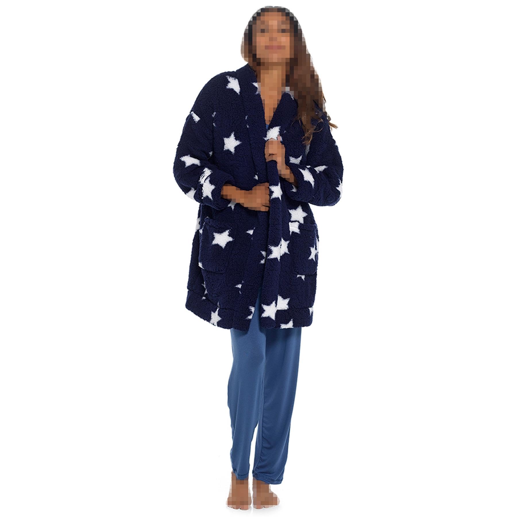 A2z Women's Navy Foxbury Sherpa Fluffy Fleece Cardi Edge To Edge Dressing Gown - Robe 1703 12-14