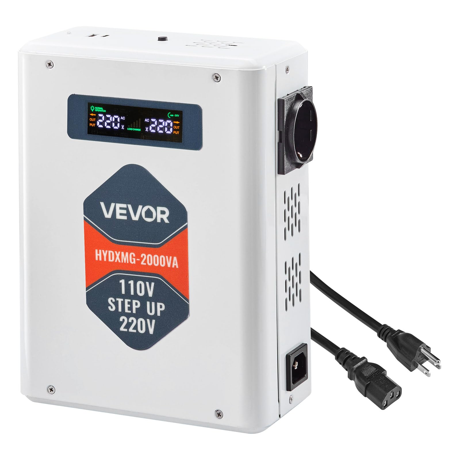 VEVOR Convertidor Elevador de Voltaje 2000 VA, de 110 V a 220 V, con 2 Tomas de Corriente de la UE, Salida USB, Pantalla LCD, Protección de Temperatura, para Electrodomésticos de 220 V, Blanco