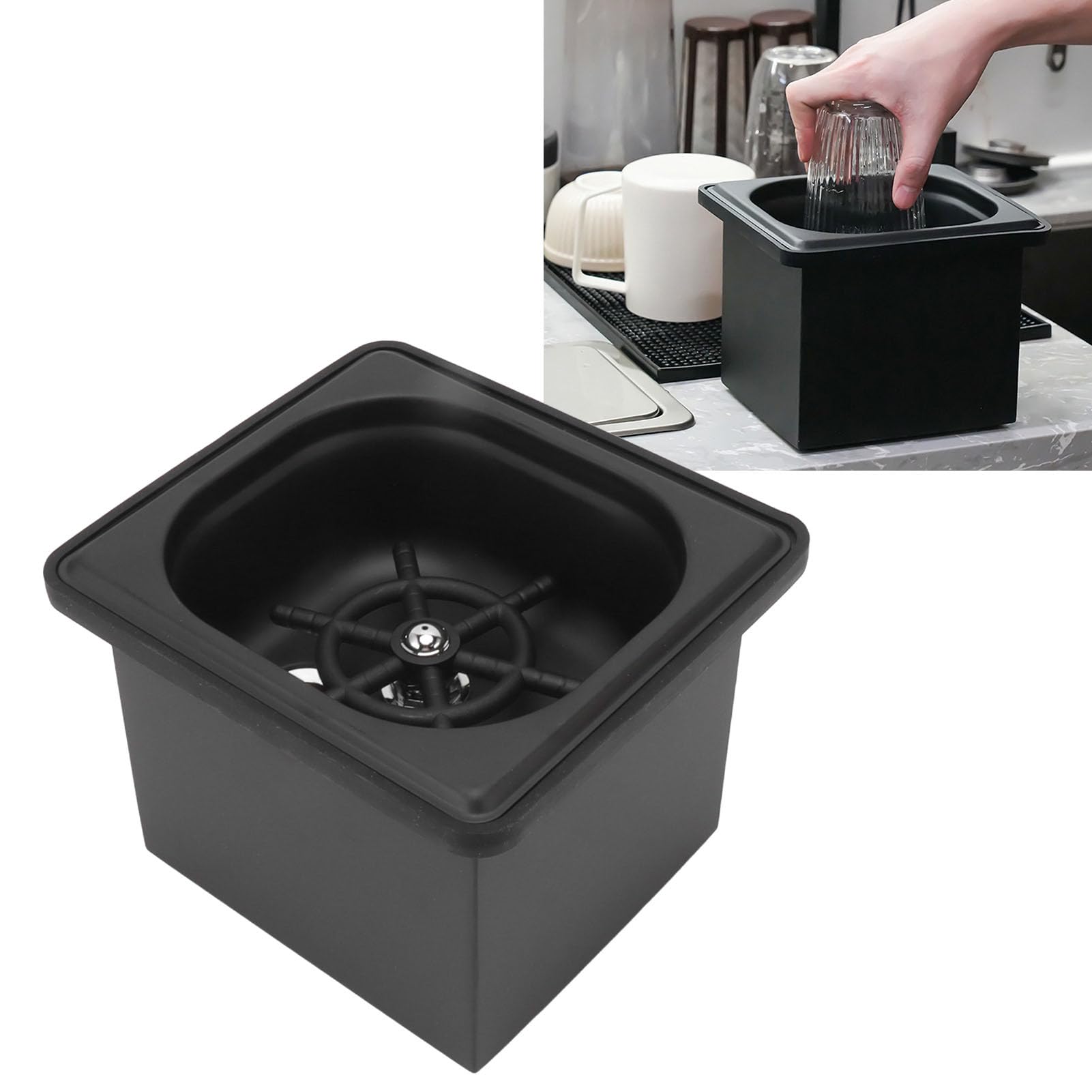 Jarra enjuagadora de acero inoxidable sin apertura para fregadero de cocina, lavadora automática de tazas de vidrio para hotel, bar, café, leche, taza de té, negro, libera tus manos (pequeño)