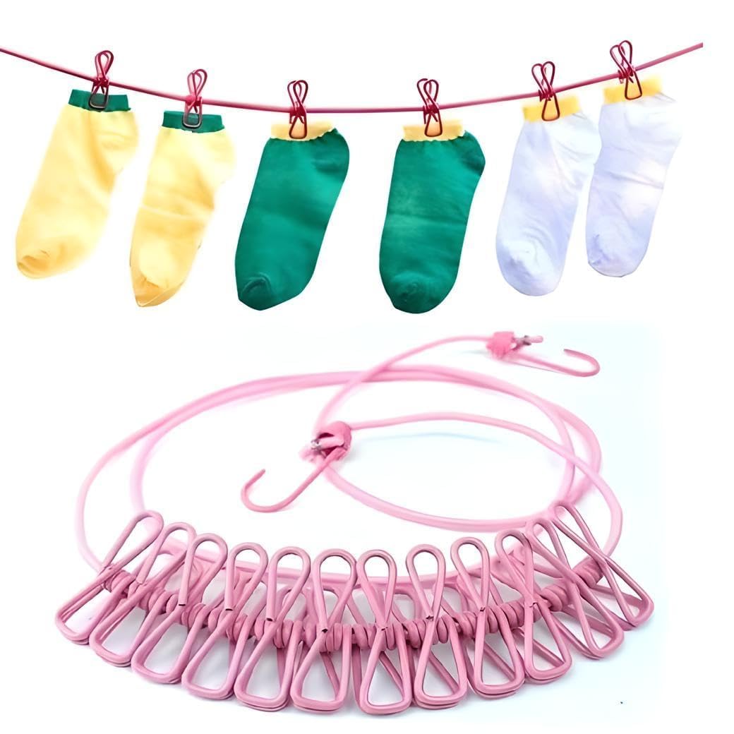 Clothesline with 12 Clips 5m Nylon Rope and 2 Metal Hooks | PVC-Coated Spring Clips, Rust-Proof Clips, No Tools Required, Holds up to 3 kg, Compact & Portable-image-10