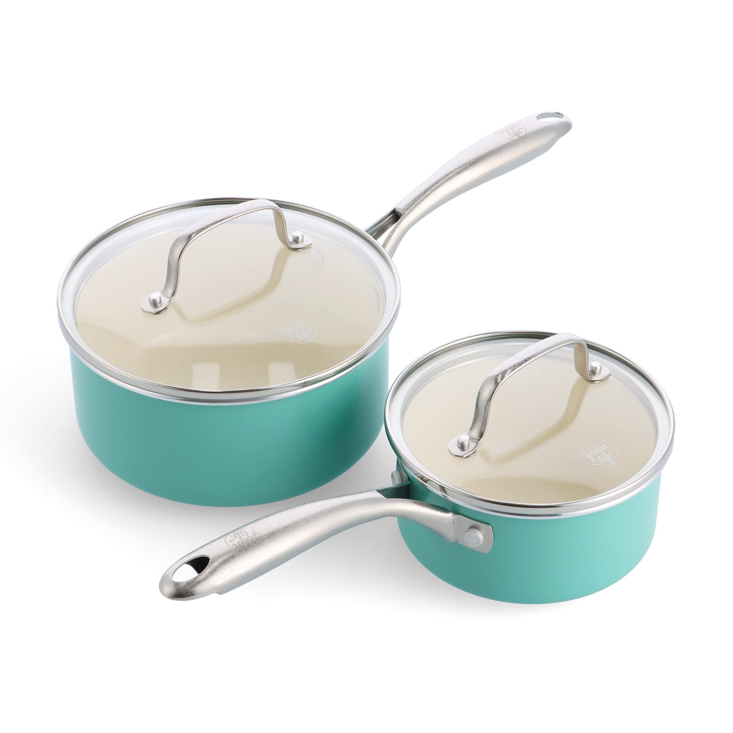 Artizan Healthy Ceramic Non-Stick 14cm/1l and 18 cm/2l Saucepan Pot Set with Lids, Stainless Steel Handle, Induction, PFAS-Free, Oven Safe, Turquoise