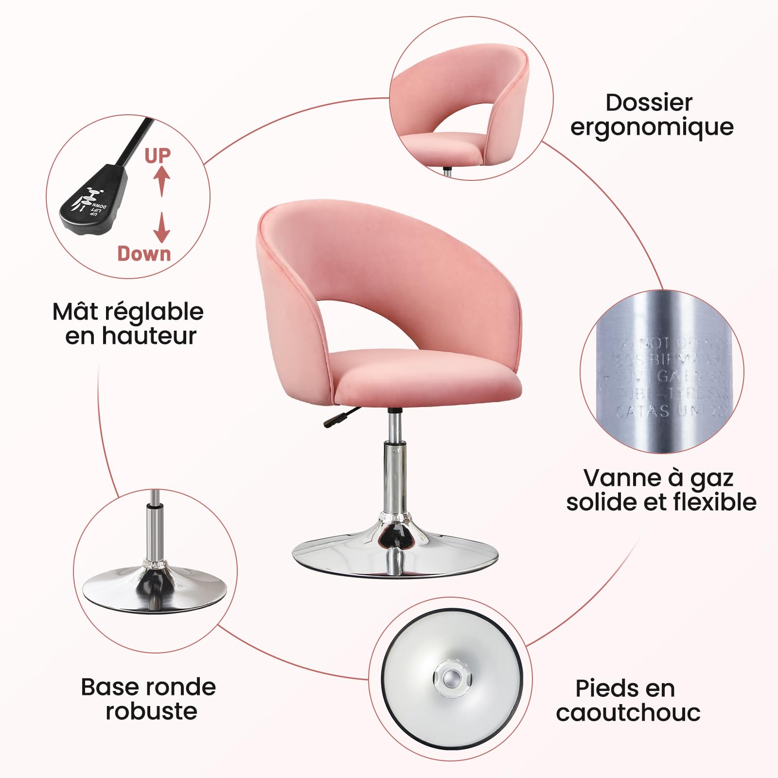 Chaise de Coiffeuse, Tabouret de Maquillage, Chaise de Salle à Manger Pivotante, Tabouret de Bar Réglable en Hauteur, Fauteuil de Salon Relax Tabourets de Cuisine avec Dossier et Socle, Rose