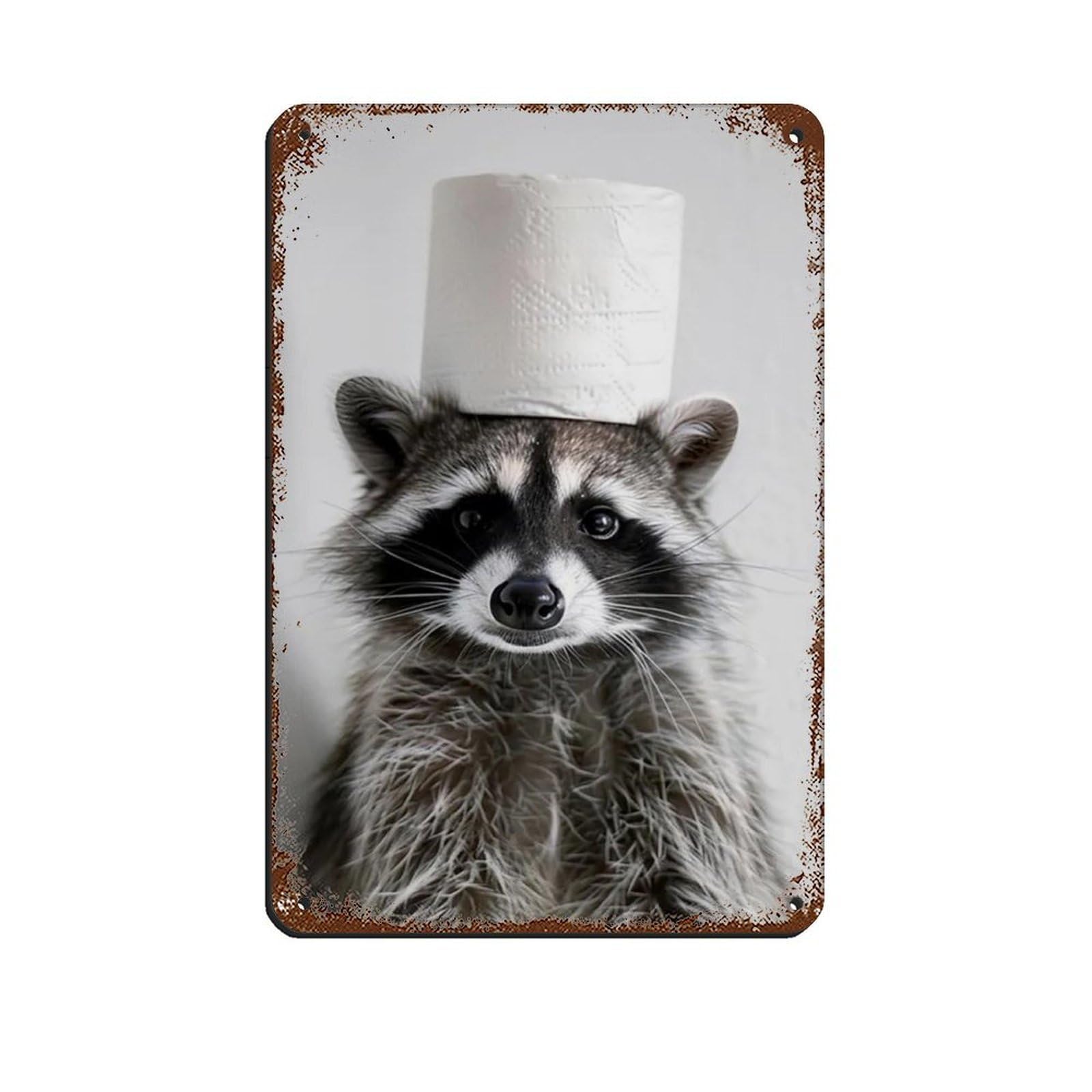 Cute Raccoon with Toilet Paper on Head Retro Poster Metal Tin Sign Chic Art Retro Iron Painting Bar People Cave Cafe Family Garage Poster Wall Decoration 8x12inch(20x30cm)