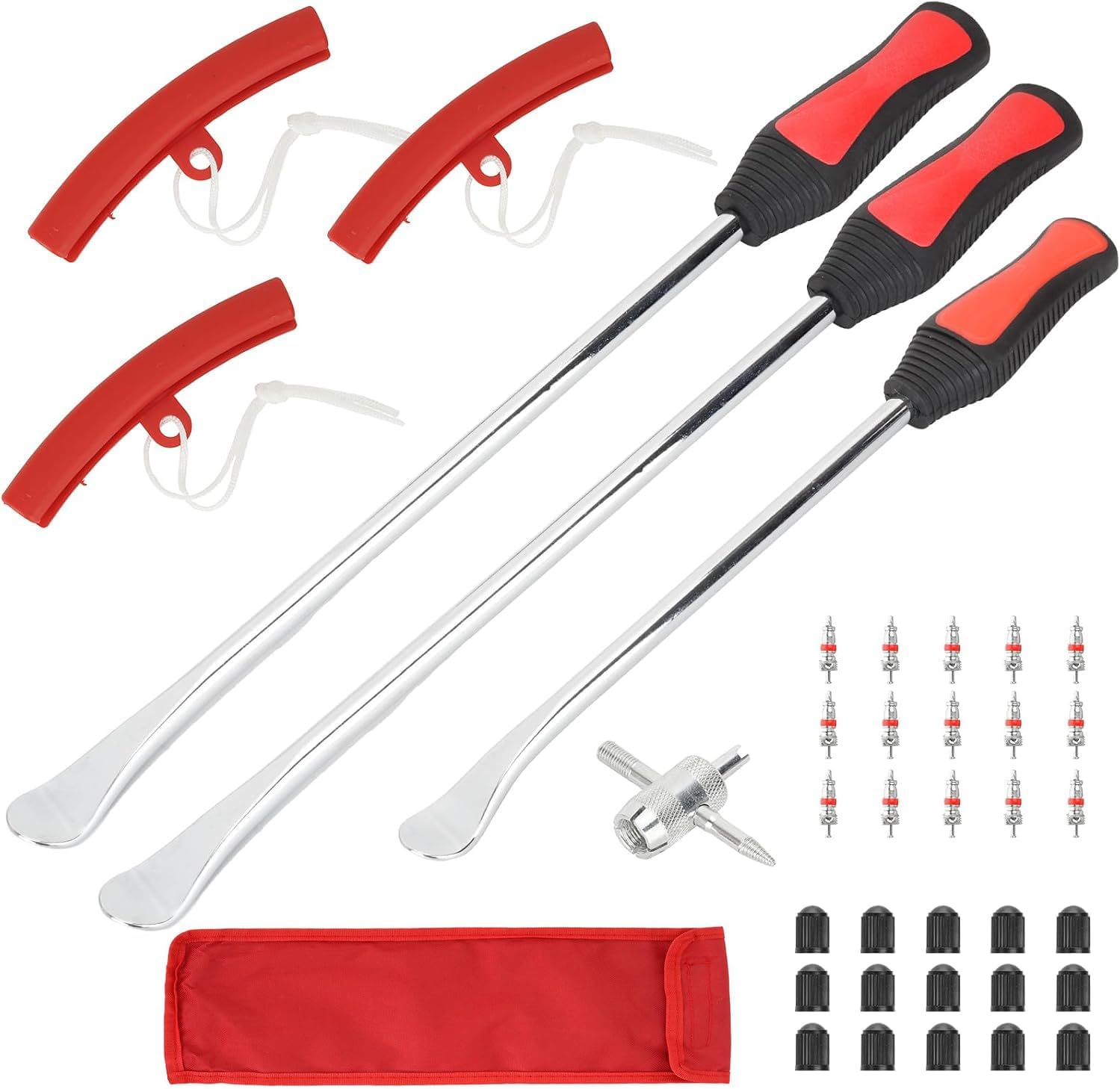 Multi-Functional Tire Scoop Tool Set Including Tire Spoon, 4-Way Valve Tool, Valve Core, Valve Cap and Rim Protector, Tire Changing Kit with Storage Bag for Car, Motorcycle, Bicycle, ATV & Lawn Mower
