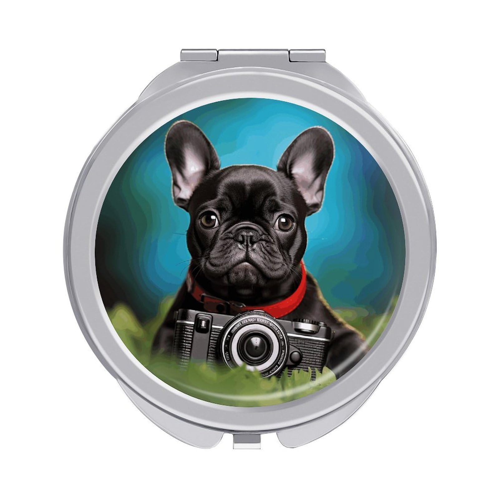JTREHY French Bulldog Puppy with Camera Makeup Mirror Portable Folding Mirror Compact Travel Mirrors 2-Sided Round Pocket Mirrors Cute Handheld Beauty Mirror for Handbag Purse for Women Gift