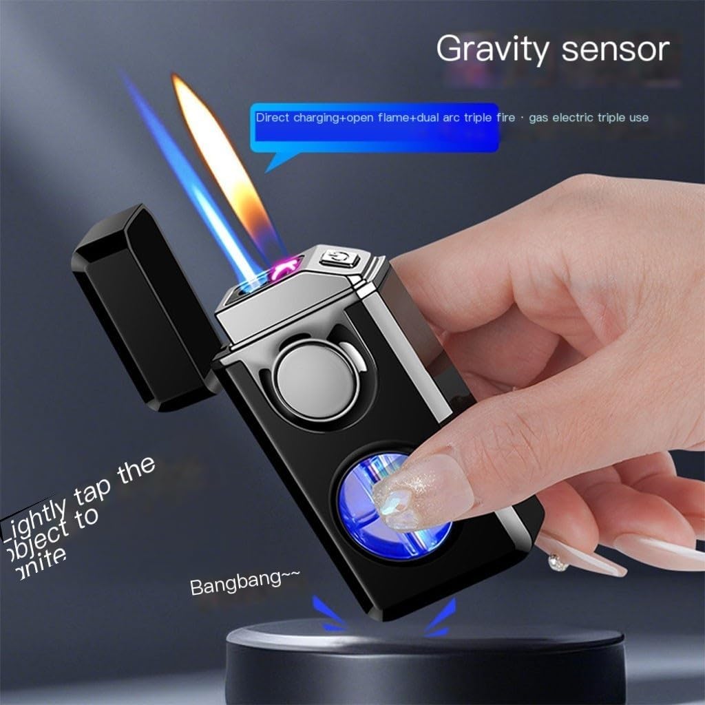 Refillable Butane Lighter 3 Flame Modes Voice-Activated Ignition Windproof Dual-Arc Lighter Dual Flame for Men(White)