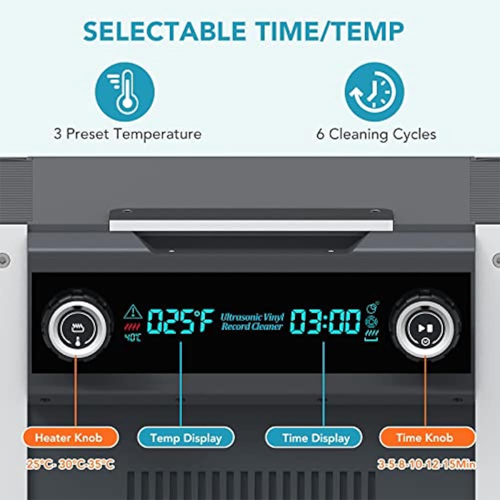 Pulitore portatile per dischi in vinile, macchina per la pulizia di LP con asciugatura automatica, timer e allarme temperatura dell'acqua per una manutenzione efficiente dei dischi