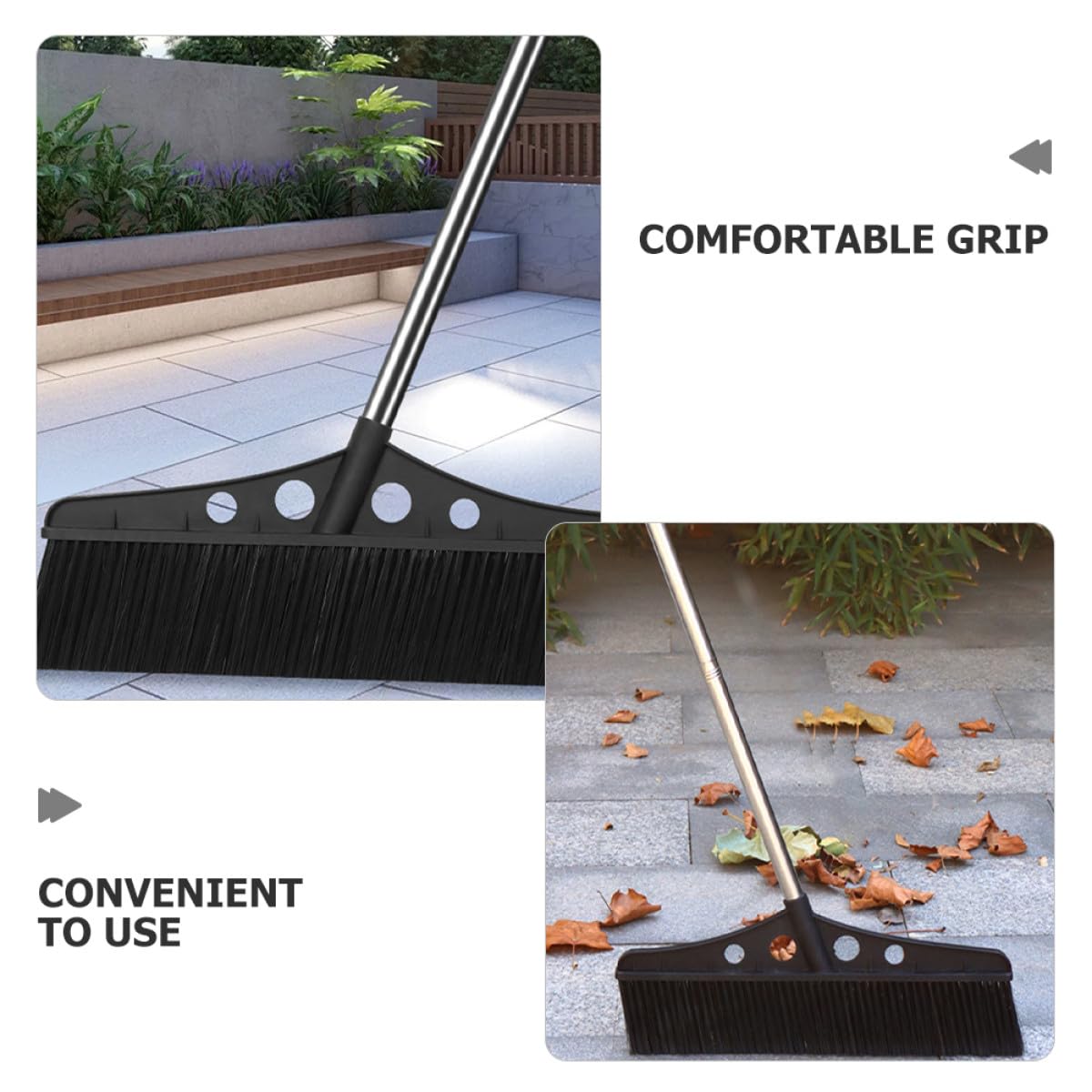 Healvian Scopa a Spinta da Giardino Nera con Manico in Acciaio Inox e Setole in Nylon, Spazzatrice Robusta per Esterni e Patio, Pulizia Efficiente di Cortili, Garage e Terrazze