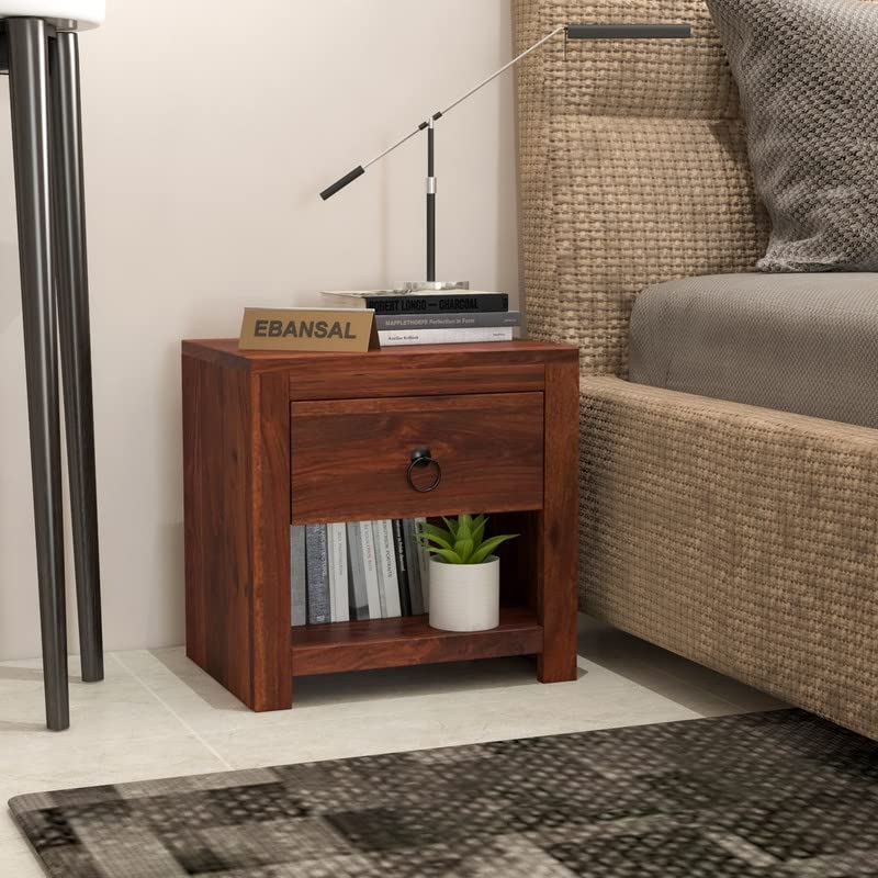 Image of Solid Wood Sheesham End Table with 1 Drawer and 1 Shelf Modern Design - Honey Finish