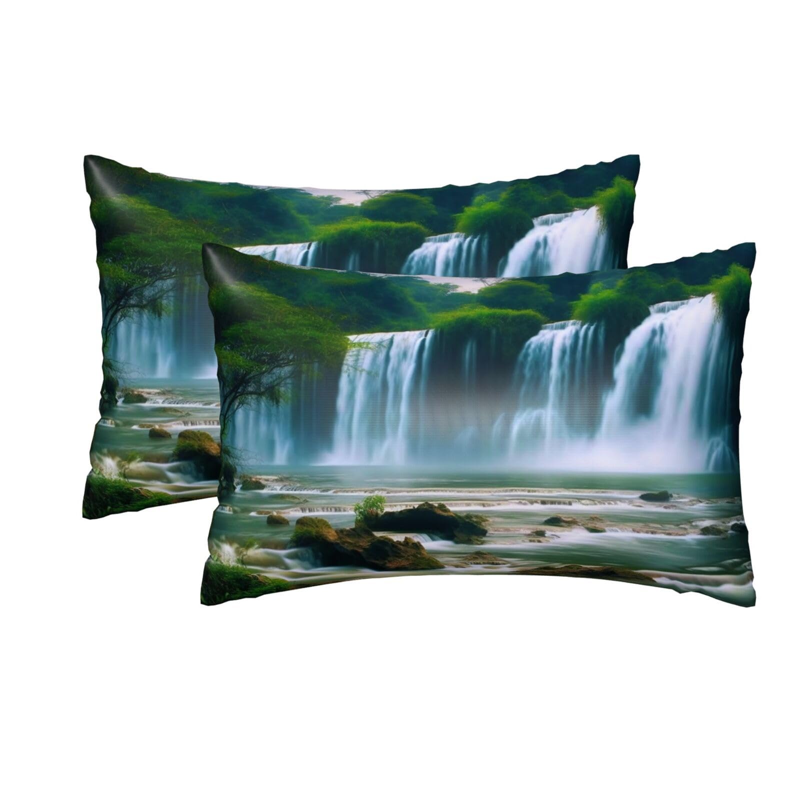 2 Pack Queen Silk Pillow Cases with Hidden Zipper, Luxury Soft Satin Pillow Covers for Hair and Skin, Waterfall Scenery Pillowcases 20"x30" Bed Pillow Protectors Cover for Sleeping Gifts