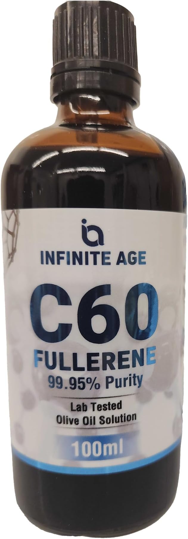 C60 Fullerene 99.9% Purity - Ultra Pure Vacuum Dried Buckminsterfullerene Solution with Extra Virgin Olive Oil - 100 ml - Skin and Nerve Health Support - Amber Glass Lab-Grade Bottle
