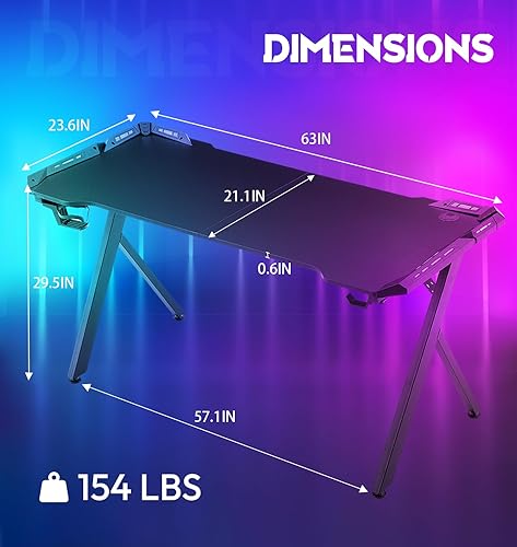 Miniatura 3 de Dowinx Escritorio para juegos con luces LED, mesa de computadora RGB para juegos con superficie de fibra de carbono, escritorio LED de oficina en
