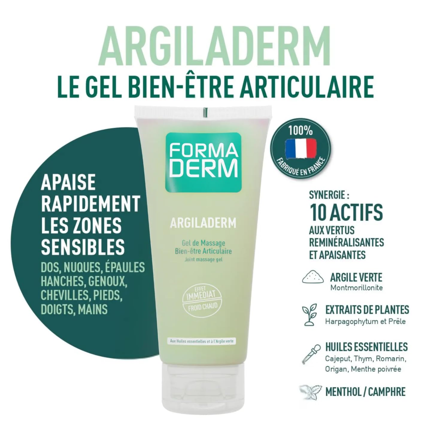 Formaderm - Argiladerm 100 ml Gel Massage à l'Argile Verte, Huiles Essentielles, Extraits de Plantes - Effet Froid Chaud Immédiat - Soulage les Douleurs Articulaires et Musculaires