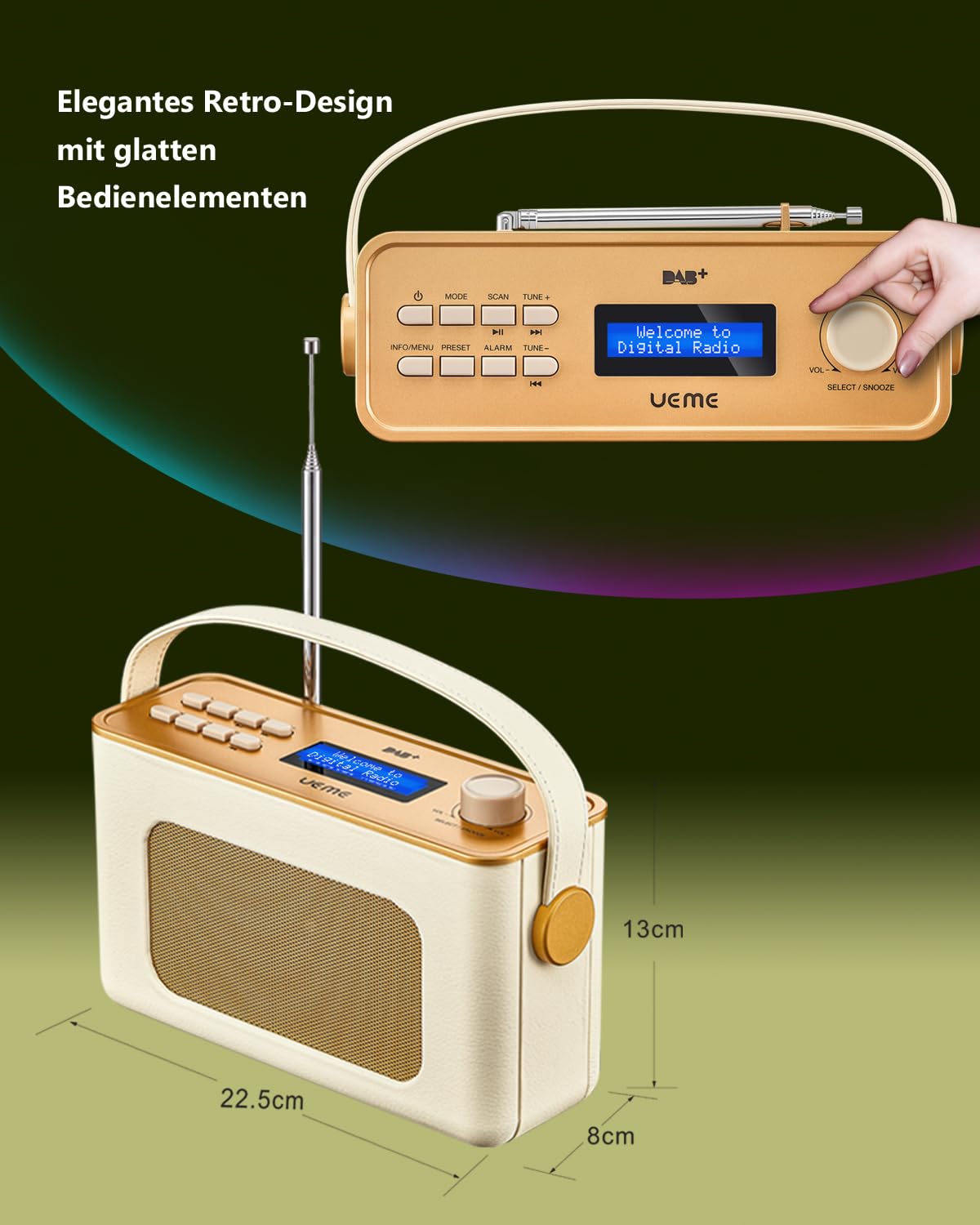 Tragbarer Retro Design DAB Plus/FM Radio, Bluetooth Lautsprecher DAB + Radio mit Wiederaufladbarer Lithium-Akku, Radiowecker, Starkem Empfang, Inklusive DC Netzkabel(Crème)