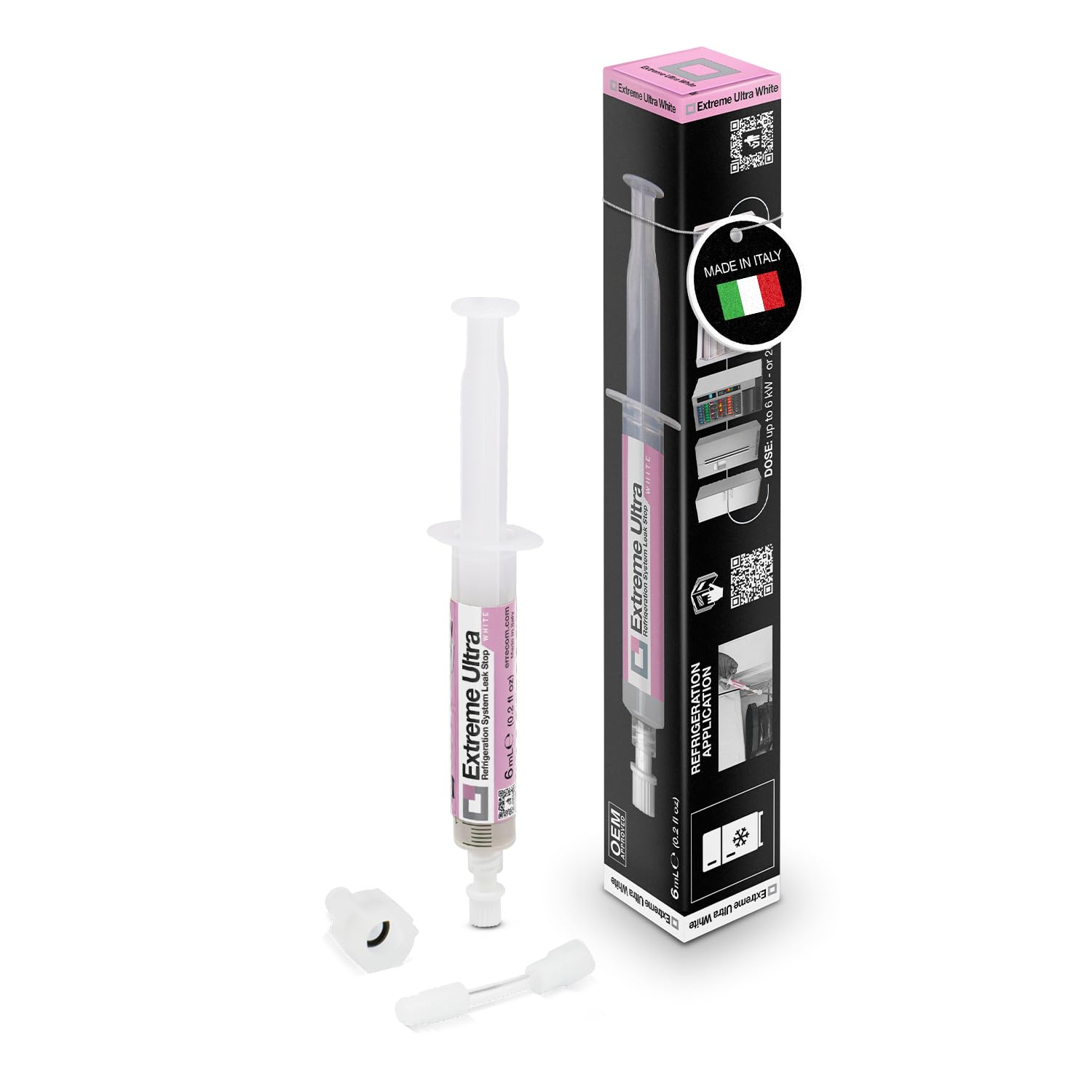 ERRECOM Extreme Ultra White - 6 mL, ogranicznik przecieku czynnika chłodniczego do lodówek ze sprężarką hermetyczną i adapterem R600 - R290 — R134a, 1/4 SAE w zestawie
