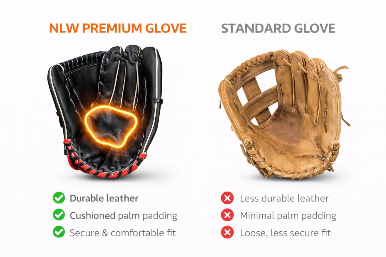 NLW Baseball Glove, Black Leather, Red Trim, Craftsmanship, Double Reinforced Stitching 2