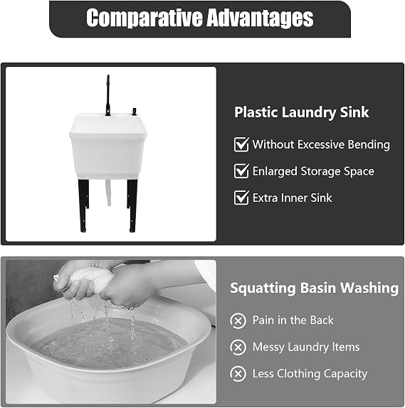 Freestanding Utility Sink, Utility Sink Extra-Deep Laundry Tub, Freestanding Plastic Utility Sink Laundry Tub Sink for Basement, Laundry Room, Garage or Shop (White)