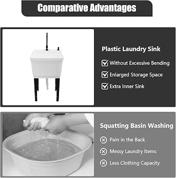 Freestanding Utility Sink, Utility Sink Extra-Deep Laundry Tub, Freestanding Plastic Utility Sink Laundry Tub Sink for Basement, Laundry Room, Garage or Shop (White)
