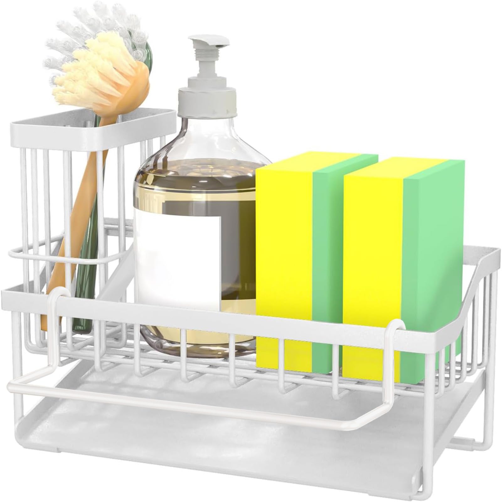 Spülbecken Organizer–Küchen Organizer mit Schwammhalter, Spülbürstenhalter & Geschirrtuchhalter Mit automatischem Abflusssystem Für Arbeitsplatte oder Wandmontage(Weiß)