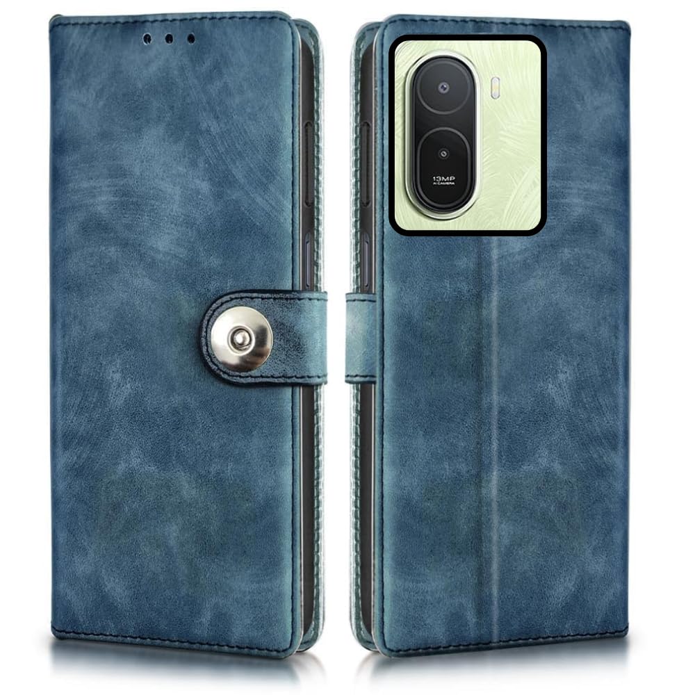 Leather Flip Case Cover Compatible with Back case Cover for Redmi A7 Pro 5G|Designer Button||Hand-Stitched Leather Finish| Lightweight| Inbuilt Card Pockets |(Aqua)