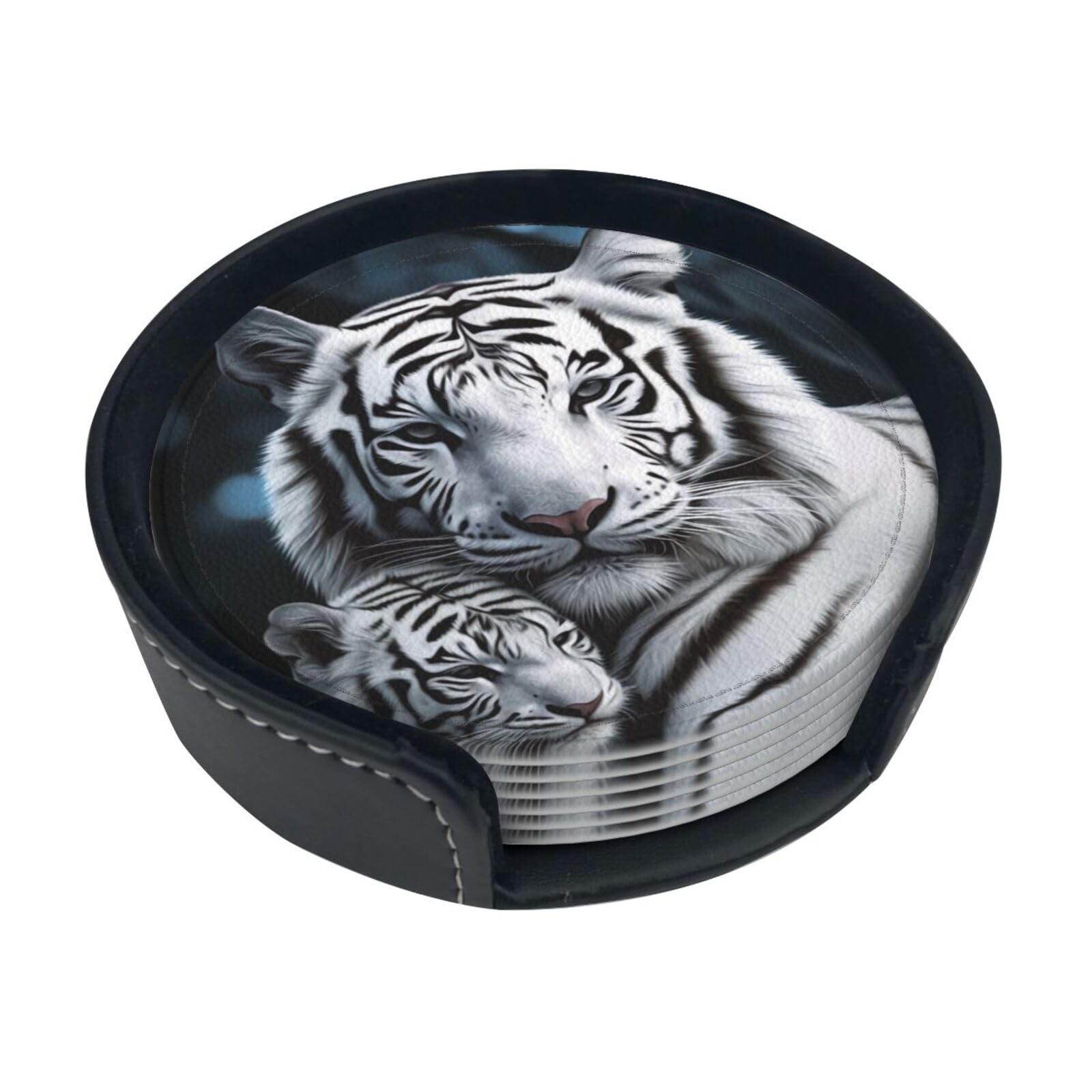 Fodpand White Tiger Drink Coasters Set Of 6 Leather Coasters With Holder Bar Beer Beverage Coaster For Drinks, Absorbent Cup Mat For Tabletop Protection, Housewarming Gift