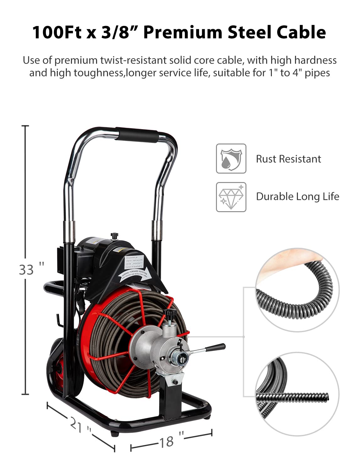 Drain Cleaner Machine 100Ft x 3/8'' 370W Electric Drain Auger Plumbing