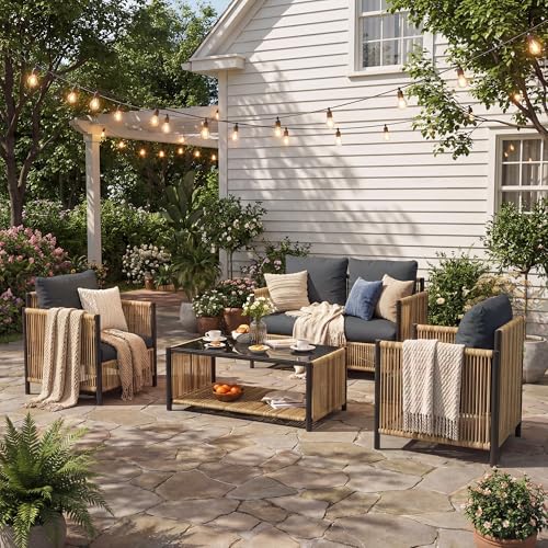 Image of Aluminum Outdoor Patio Furniture Set - 2 Pcs Armchair, Loveseat & Dual-Layer Coffee Table - Rope Sectional Conversation Sofa Sets with Washable Thick Cushion for Garden /Backyard /Porch