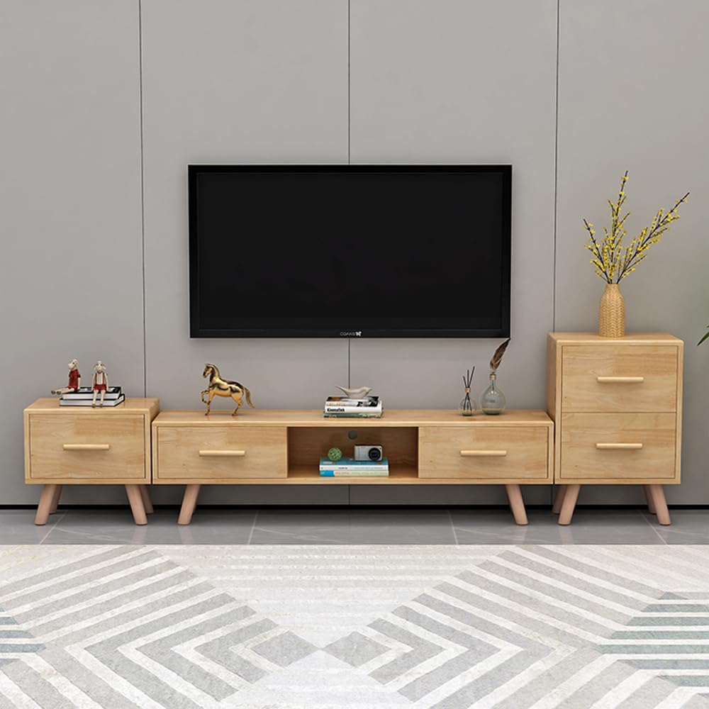 Consola de TV rectangular de madera de caucho con 2 cajones y 1 estante, soporte de TV moderno para juegos y entretenimiento, mueble para equipos multimedia, acabado natural, 47" de largo x 12" de