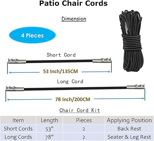 Miniatura 3 de Cable de repuesto para silla de gravedad cero, paquete de 4, cordón elástico para silla antigravedad, silla reclinable de patio, silla elástica de