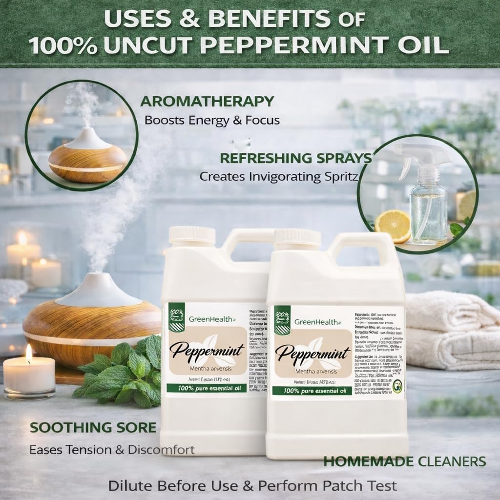 GreenHealth Peppermint Essential Oil – 2 Pack (16 fl oz Each) – 100% Pure & Uncut – White Plastic Jugs – Bulk Essential Oil for Diffusers, DIY, Cleaning