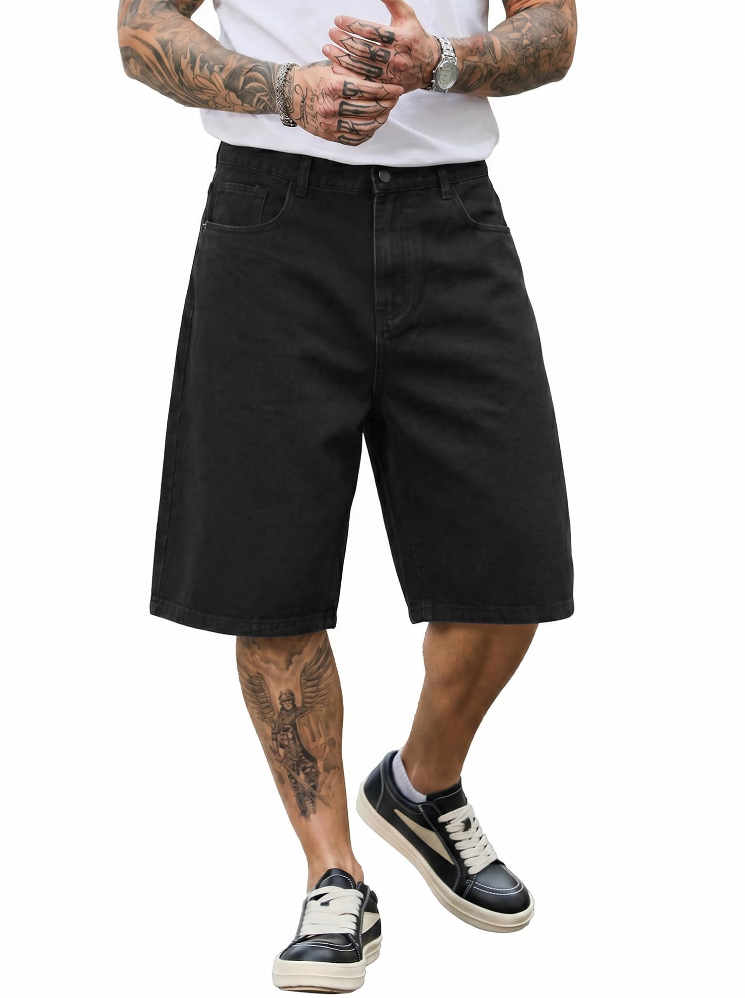 PLEPAN Men's Baggy Jeans Loose Fit Jorts Long Below Knee Denim Shorts