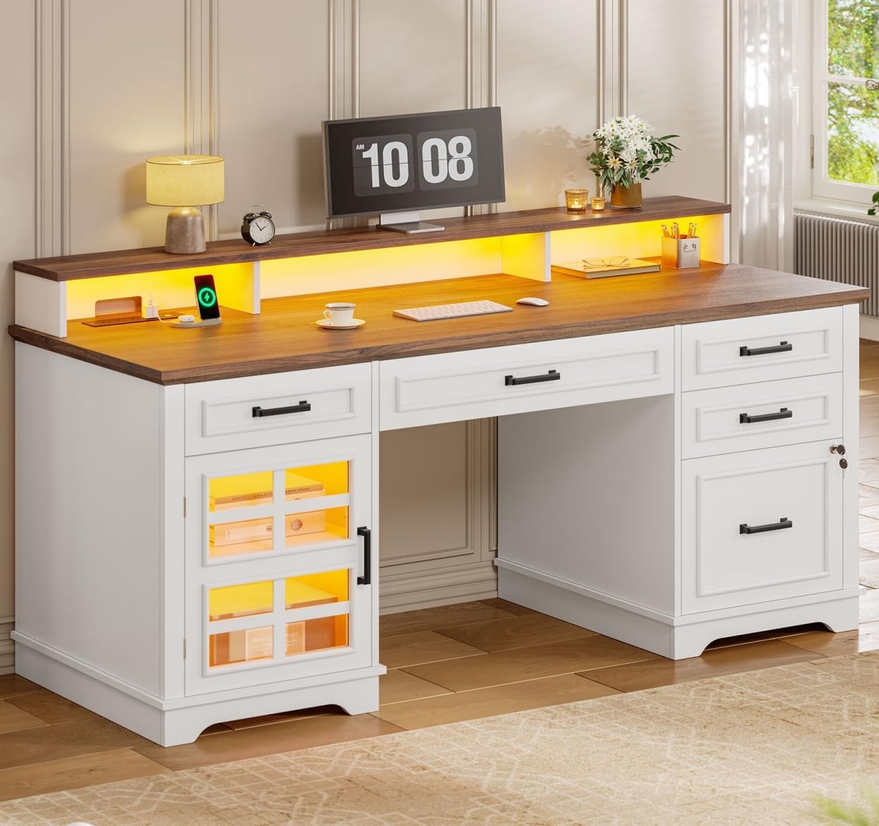 60'' Farmhouse Executive Desk with Drawers, Home Office Desk with Power Outlet & LED Light, Wood Computer Desk with Monitor Stand, Locking File Drawer, Glass Storage Cabinet, Hooks, White