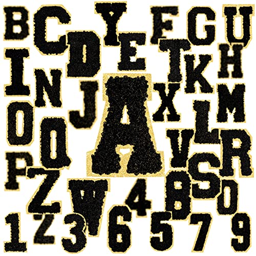36 Pieces Black Chenille Letter Patches Iron on Glitter Embroidery Initial Patches A to Z 0 to 9 Iron on Patches Decorative Repair Patches for Fabric Shirts Crafts Clothing DIY Decor (Black)