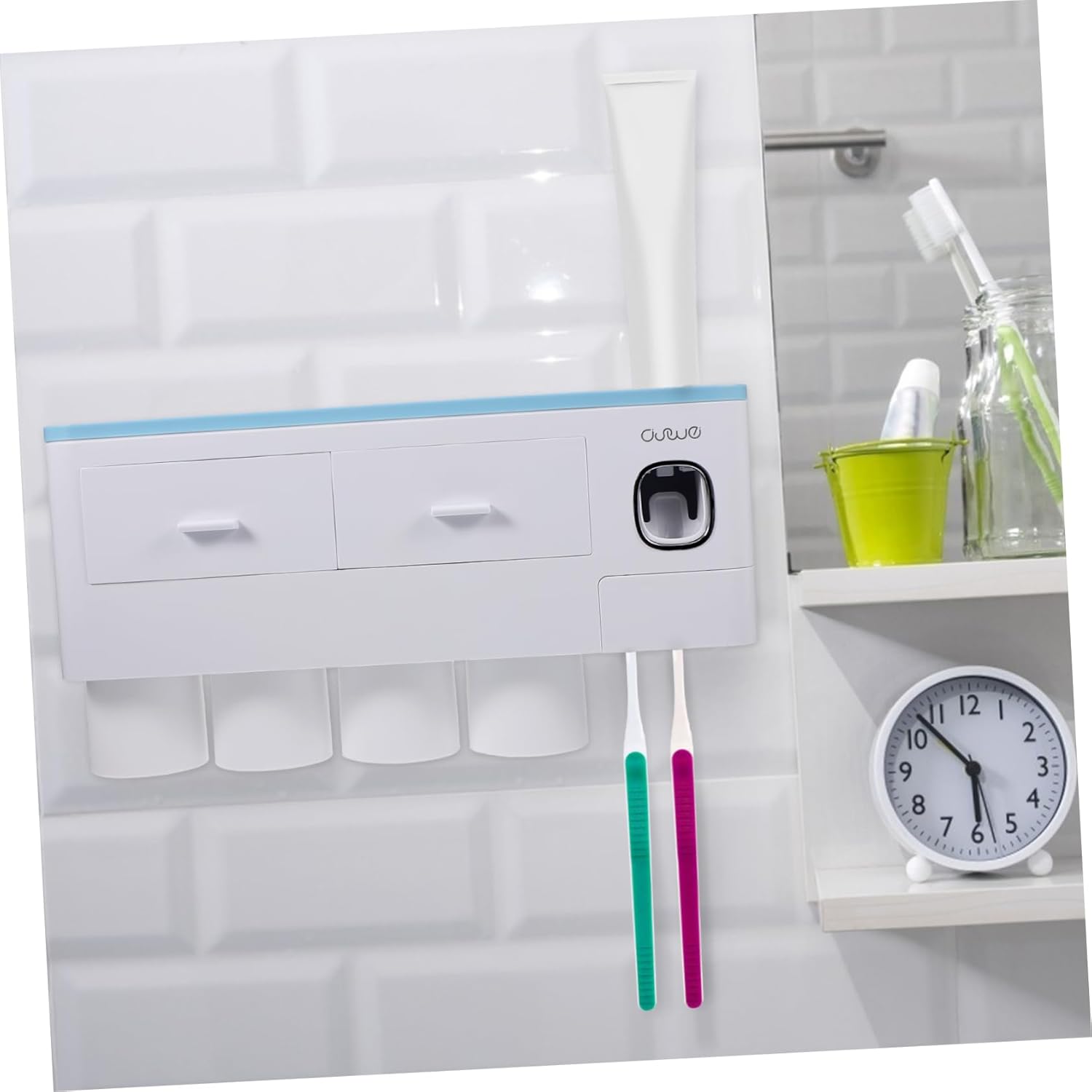 Amosfun 1pc Toothbrush Holder Toothpaste Dispenser Creative Wall-Mounted Bathroom Organizer Magnetic Storage Rack Includes Cups for Easy Installation and Versatile Storage