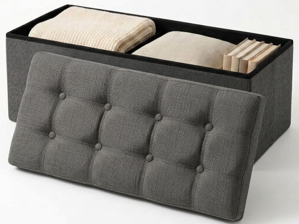edihome, Puff Almacenaje Plegable, (38 x 76 x 38cm), Baul, Otomana con Tapa – Banco de Tela Organizador y Asiento para Dormitorio y Pie de Cama (Beige Tostado, 38 x 76 x 38 cm) — view 14