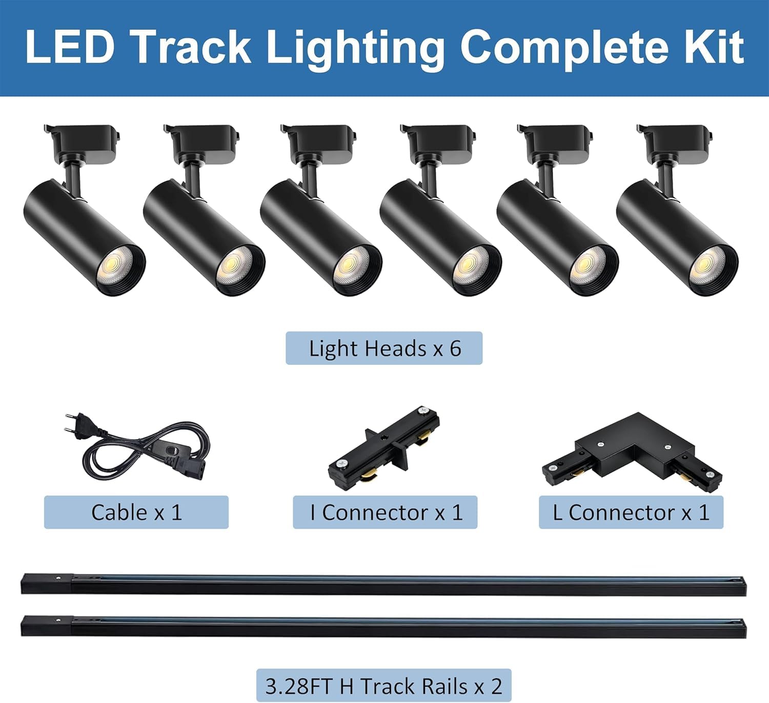 Kit completo de iluminación de pista 6 luces, sistema de iluminación de pista LED de 20 W 6000 K Cool White con 2 x 1 m cabezas de riel adicionales para exposiciones/pasillos (negro 6 cabezas 6000K)
