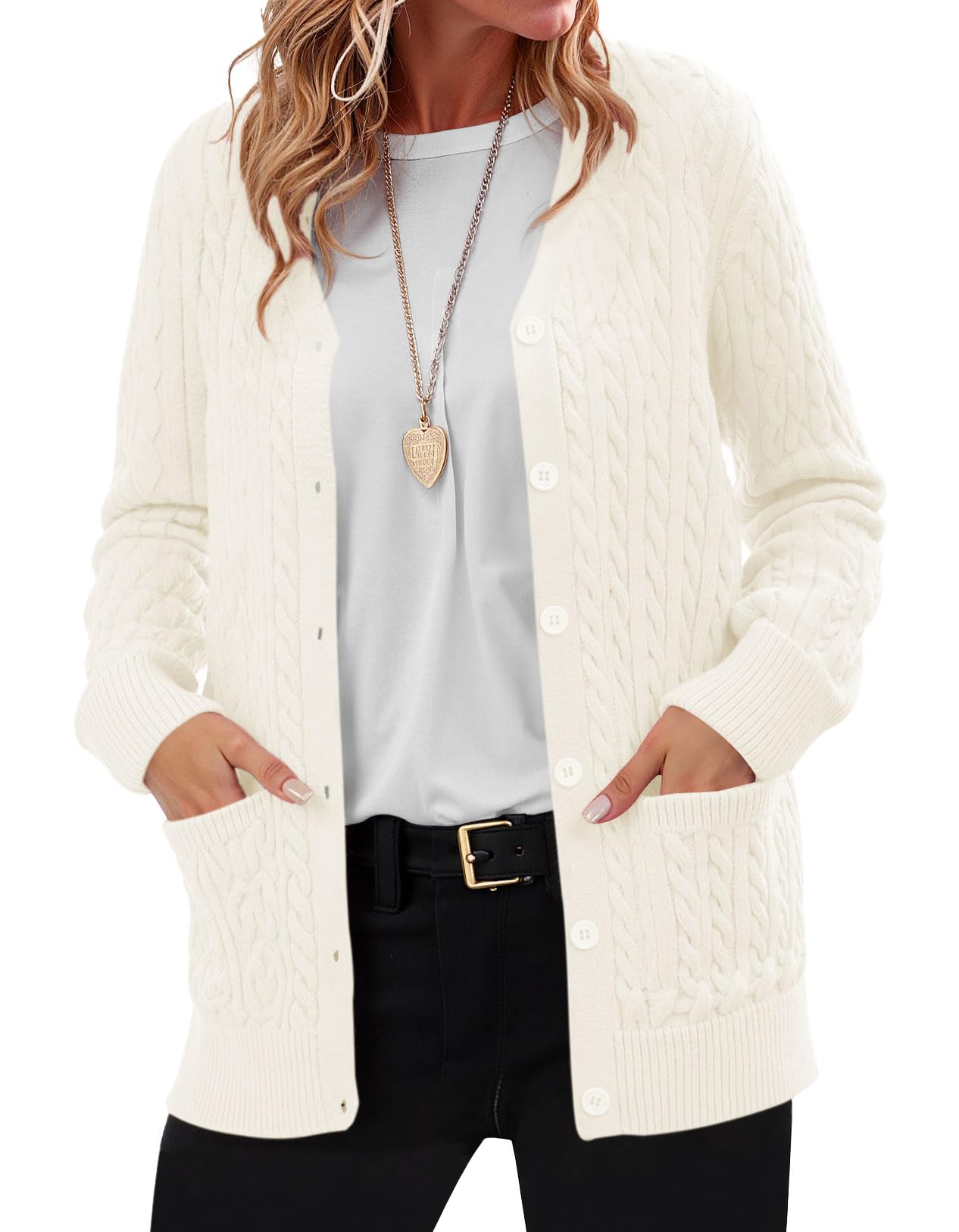 QUEZHU Womens Cable-Knit Cardigan Sweater V-Neck Winter Warm Cardigans