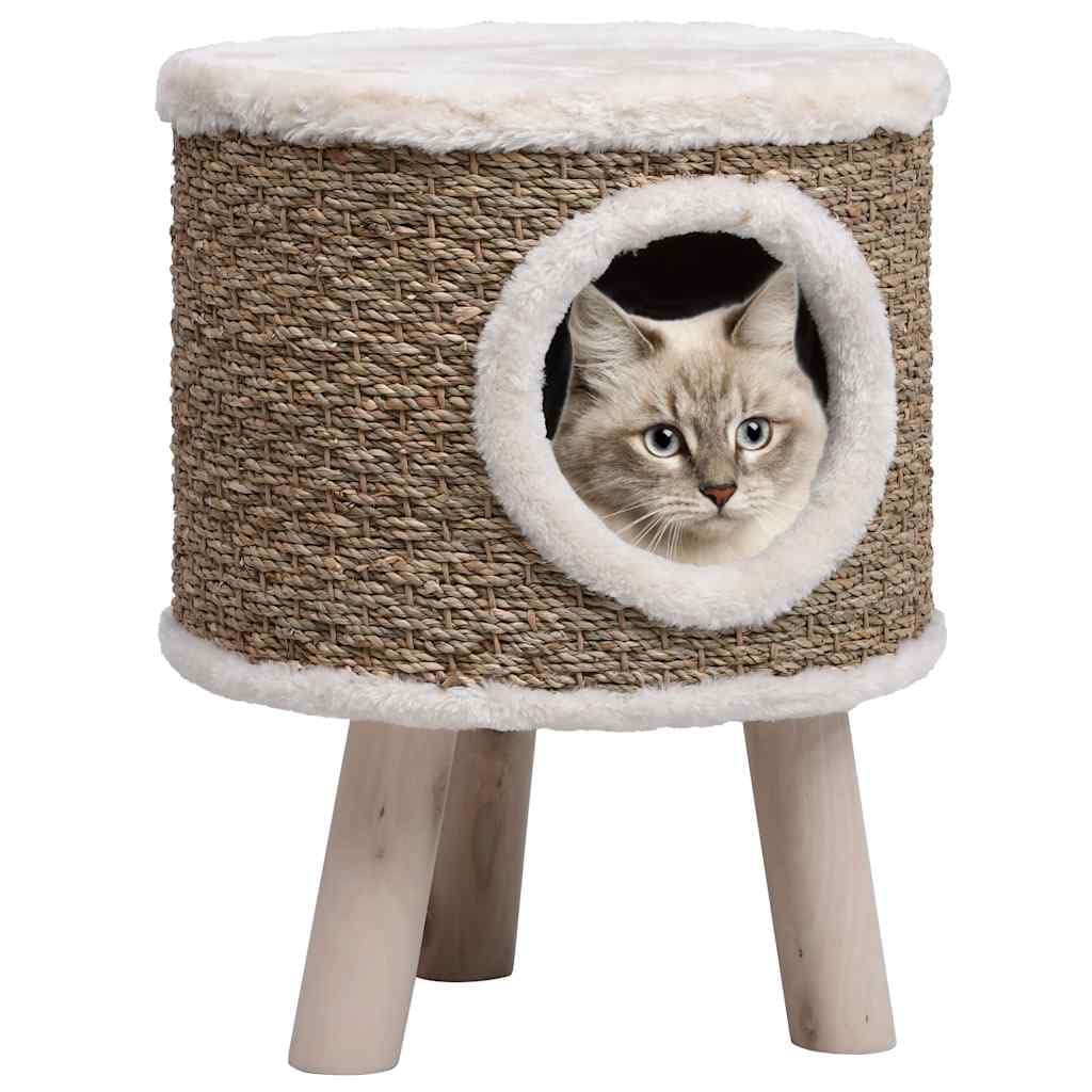 Panier en Osier, Corbeille Niche Maison Lit pour Chat avec Pieds en Bois 41 cm Herbiers Marins